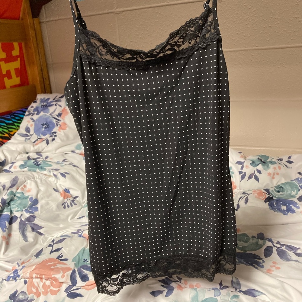 Black cami with white polka dots and black lace